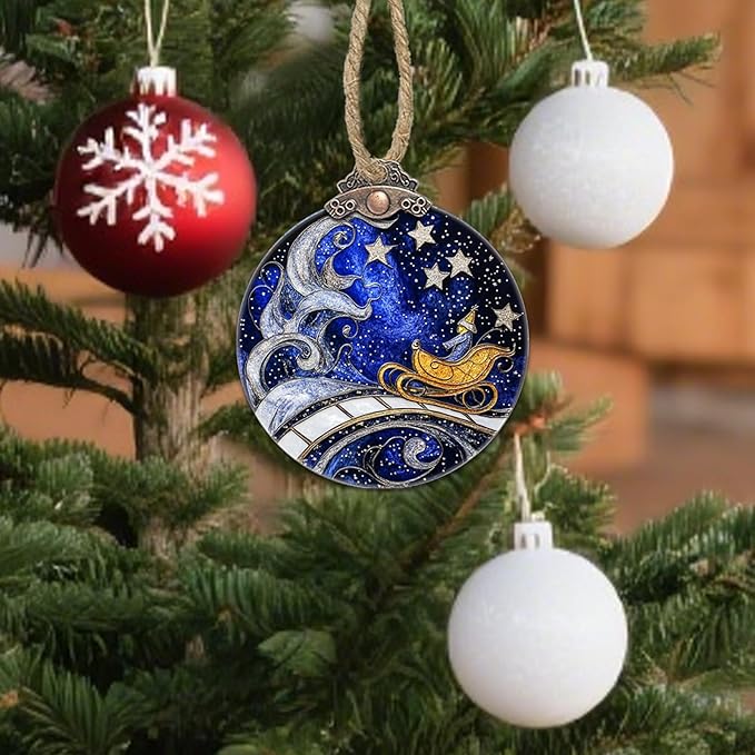 Stained Glass Christmas Decorations, Blue Sky Silver Star Suncatcher for Window Christmas Tree Hanging Ornaments Magic Carpet Sun Catcher Xmas Decor Gifts for Women Men Mom Nana Friend
