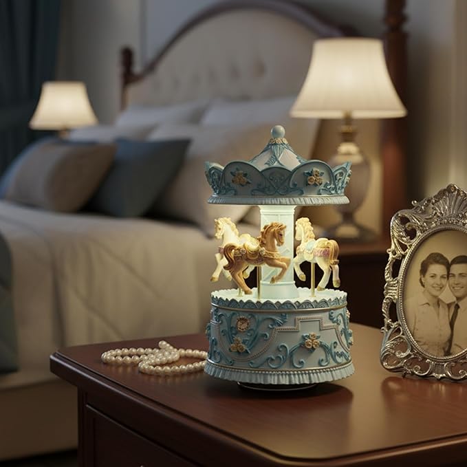 Elegant Blue Carousel Music Box,Handcrafted Rotating Horses & Floral Details Musical Figurine, for Birthdays,Christmas,Valentine's Day,Birthday,Home Décor,Plays You are My Sunshine Tune