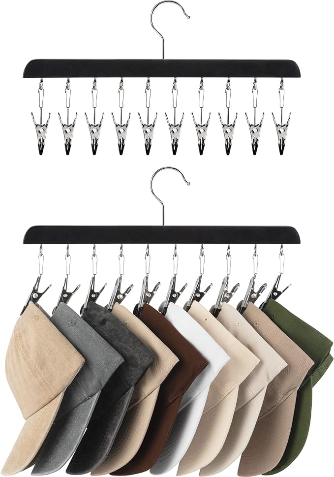 StorageWorks Hat Rack, Closet Organizer and Storage for Baseball Caps,Set of 2 with 10 Adjustable Stainless Steel Clips, Fits All Caps, Black