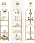 Homhedy 5-Tier Corner Shelf Stand, Metal Corner Bookshelf, Tempered Glass Shelves, Bathroom Storage Rack Shelf, Plant Stand, Modern Style, Golden