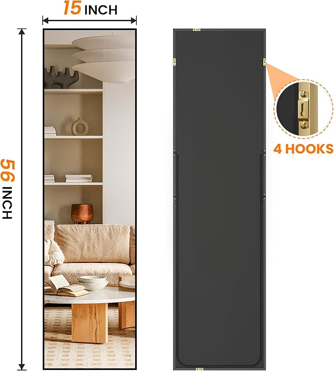 TRAHOME Full Length Floor Mirror 56"x15", Standing Mirror with Aluminum Frame, Large Body Mirror for Bedroom, Living Room and Bathroom, Black