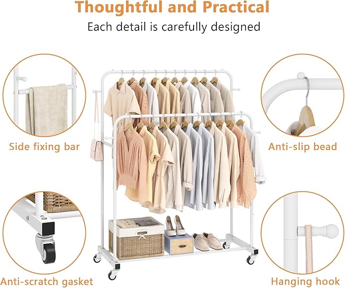 Laiensia Double Rods Garment Rack with Wheels, Clothing Rack for Hanging Clothes,4 Hooks, Multi-functional Bedroom Clothes Rack, White