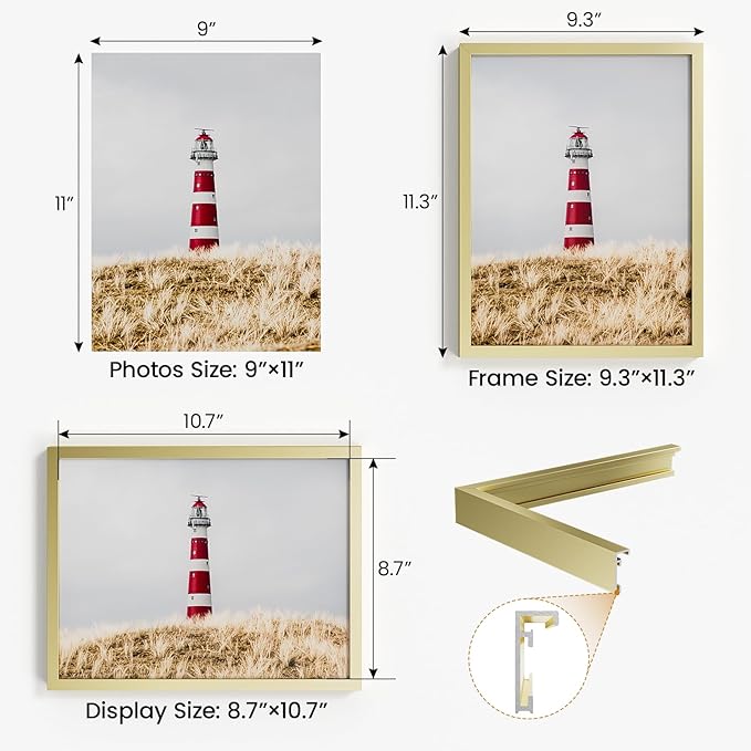 9x11 Aluminum Metal Picture Frame,Tempered Glass Gold Photo Frame 9x11 for Family Photo,Posters,Art,Document to Wall Mount Horizontally or Vertically