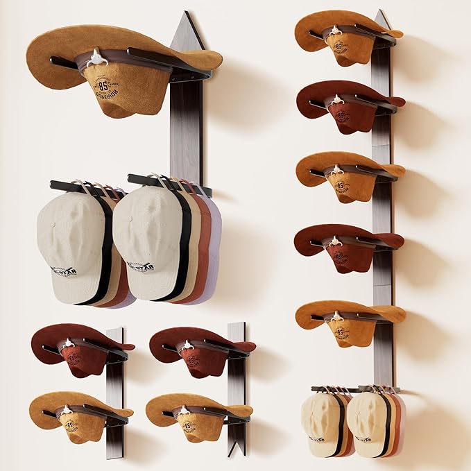 Cowboy Hat Rack for Wall, Cowboy Hat Holder Wall Mount Holds up to 6 Hats, Wooden Western Rustic Metal Hat-Organizer with Arrow Sign Board, Display and Decor Rack for Fedora, Sun Hats,Baseball Caps