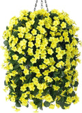 Artificial Faux Hanging Flowers Plants Baskets for Outdoor Outside, Fake Silk Yellow Orchid Trailing Vines in Planter Realistic UV Resistant for Balcony Porch Decor