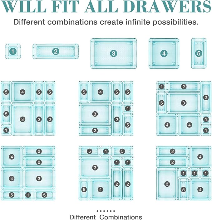 10 PCS Drawer Organizer Set, 4 Varied Size Bathroom and kitchen Drawer cabinet organizer Trays, Clear Storage Bins for Makeup, Jewelry, Utensils and Gadgets