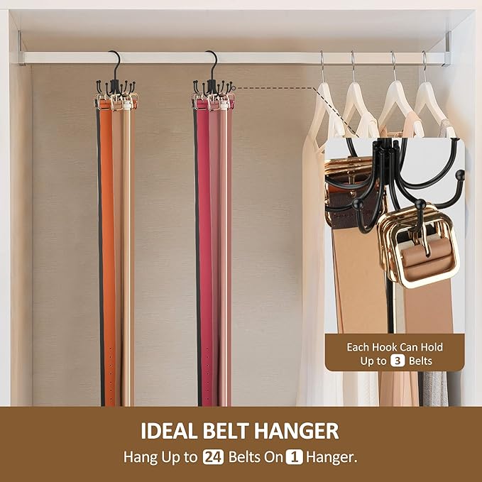 ZEDODIER Belt Hanger, 2 Pack Belt Rack Closet Accessories Organizer, Maximum 24 Storage Capacity, Hanging Holder Storage Hook for Belt, Bra, Tank Top, Tie, Scarf, Purse, Black