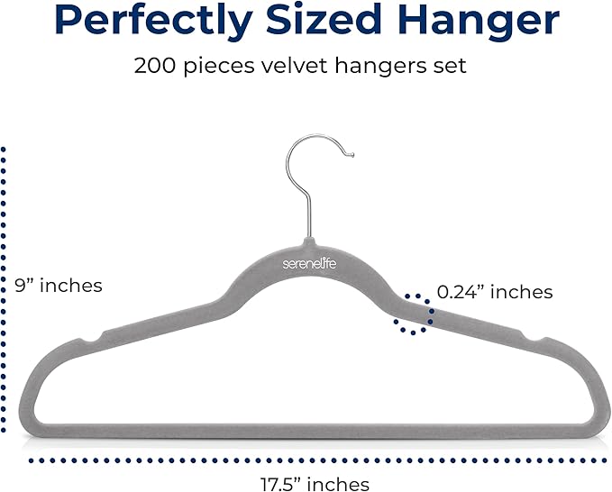 SereneLife 200-Pack Velvet Hangers – Space-Saving Non-Slip Gray Clothes Hangers with 360° Swivel Hooks, Heavy Duty Ultra-Thin Design for Coats, Shirts, Dresses & More – Durable & Lightweight