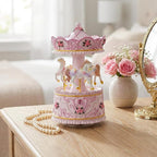 Enchanting Pink Carousel Music Box with LED Lights, Plays Castle in the Sky, Elegant Rotating Horse Figurines, for Girls, Women, and Romantic Occasions, Collectible Home Decor Ornament
