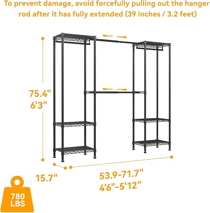 H10 Clothing Rack for Hanging Clothes, Expandable Clothes Rack, Freestanding Closet Rack, Heavy Duty Garment Rack, Organizer with Hanger Rods, Extendable from 4.6 to 5.1 ft, Black