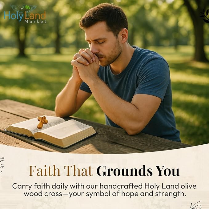 Holy Land Market Pocket Crosses - 50, 2.5 Inch Handmade Jerusalem Crucifix with Certificates & Lord Prayer Card - Holy Land Olive Wood Cross (50 Olive Wood Crosses from the Holy Land)