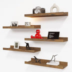 RICHER HOUSE 5 Set Floating Shelves for Wall Decor, Wall Mounted Book Shelf, Nursery Shelves Picture Ledge Shelf with Lip for Storage, Bedroom, Living Room, Bathroom - Brown