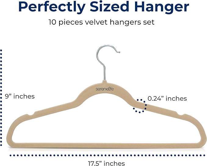 SereneLife 10 Pack Velvet Hangers - Non-Slip with 360° Swivel Hook - Ultra-Thin, Lightweight Velvet Hangers for Shirts, Sweaters, Hoodies, Kids Clothes & Dresses - Space-Saving