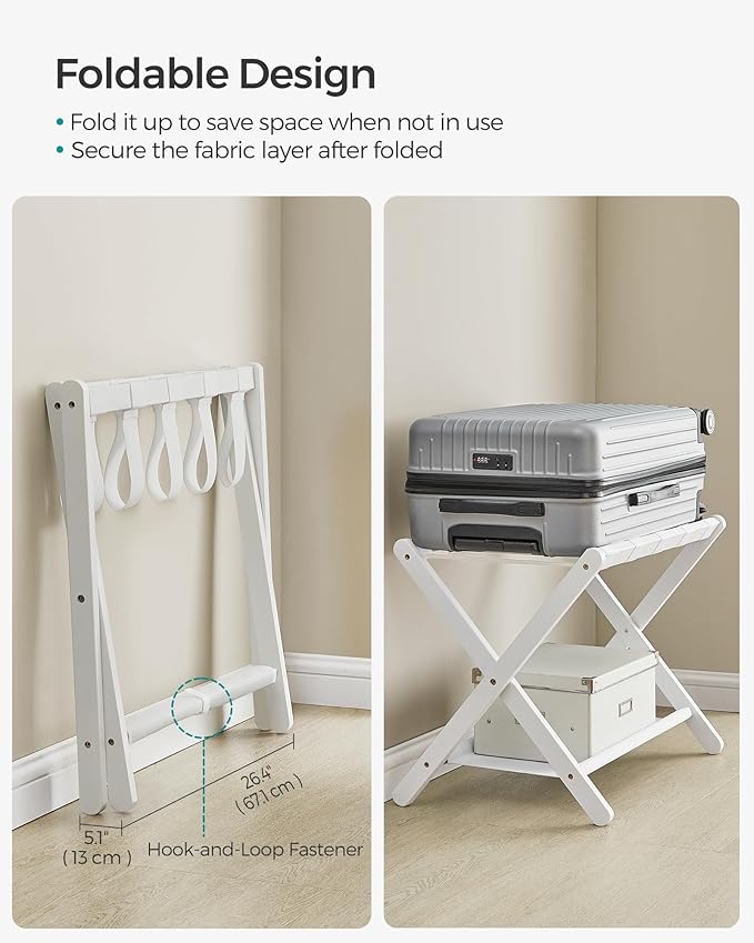 SONGMICS Luggage Rack, Folding Suitcase Stand with Storage Shelf, for Guest Room, Hotel, Bedroom, Heavy-Duty, Holds up to 131 lb, Classic White URLR007W01
