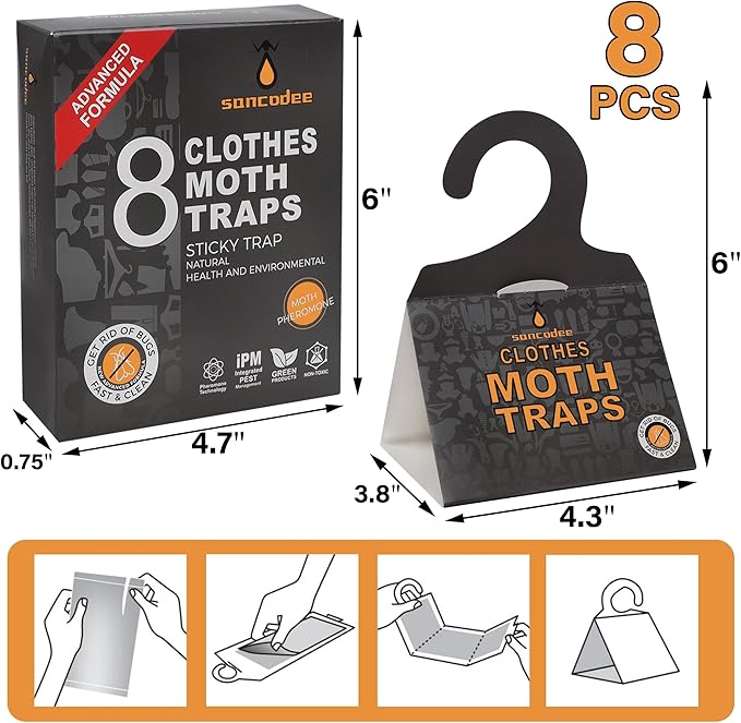 8 Pack Clothes Moth Traps with Natural Pheromones, Clothing Moth Hanging Glue Trap, Sticky Boards for Closets Moths