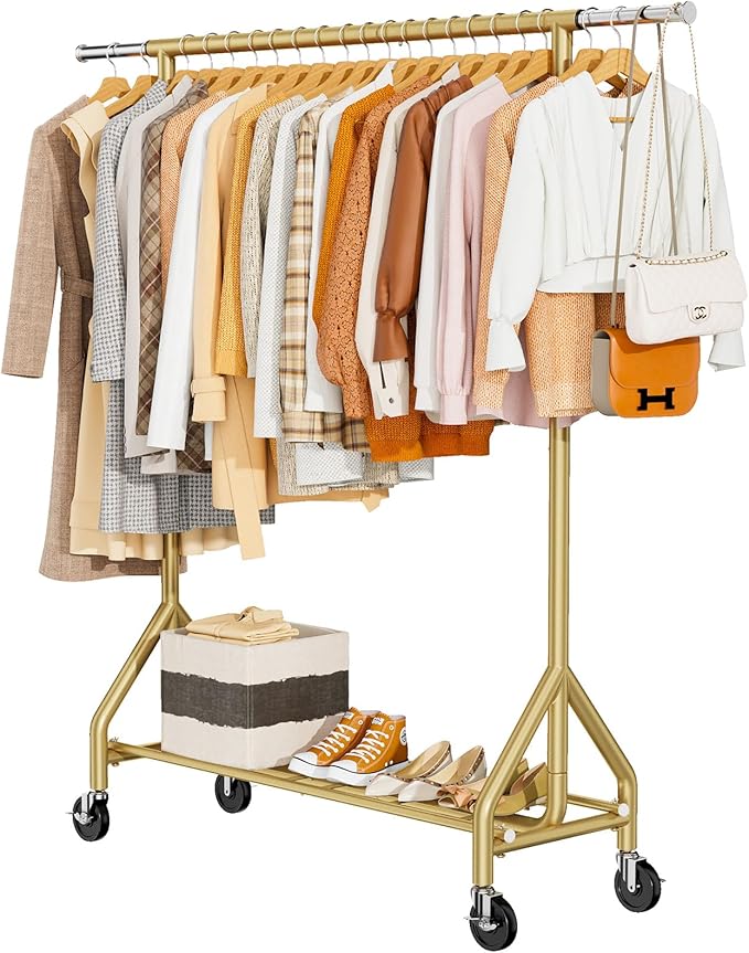 Heavy Duty Clothes Rack Load 450 LBS, Metal Garment Rack, Standing Rolling Clothing Rack for Hanging Clothes with Sturdy Wheels & Shelves, Portable Closet Wardrobe Rack,Gold