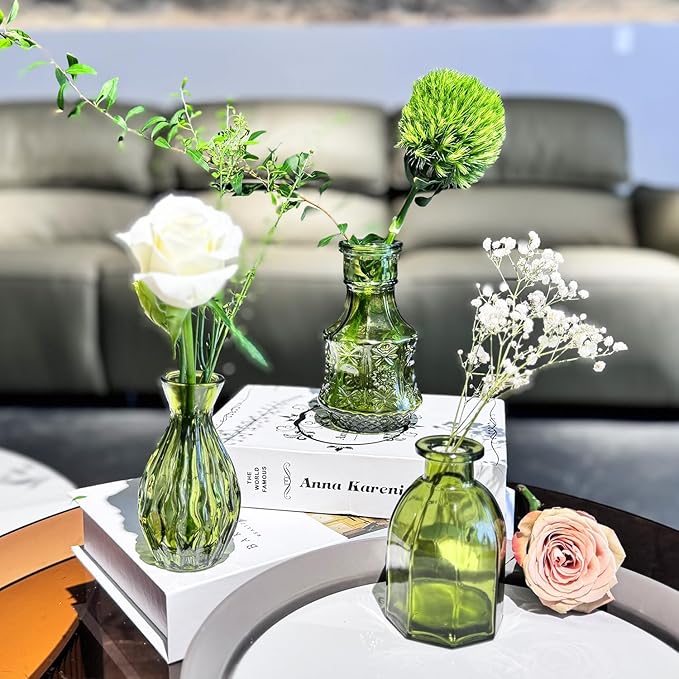 24PCS Mini Bud Vases As Wedding Centerpieces for Tables,Clear Bud Vases for Flowers,Small Flower Vases Suitable for Birthday Party,Anniversary,Wedding Reception,Baby Shower (Green, 24PCS)