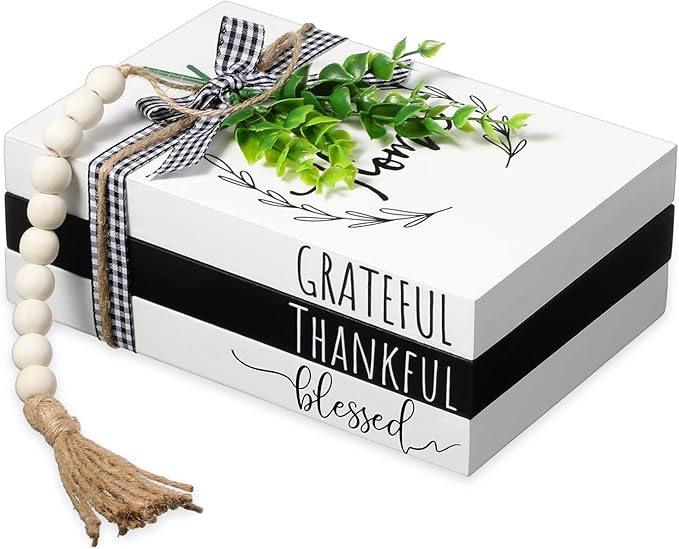 Capoda 3 Pcs Decorative Books for Home Decor Farmhouse Faux Stacked Books Wooden Rustic Table Decor with Bead Garland Twine Ribbon Faux Leaf for Table(Classic)