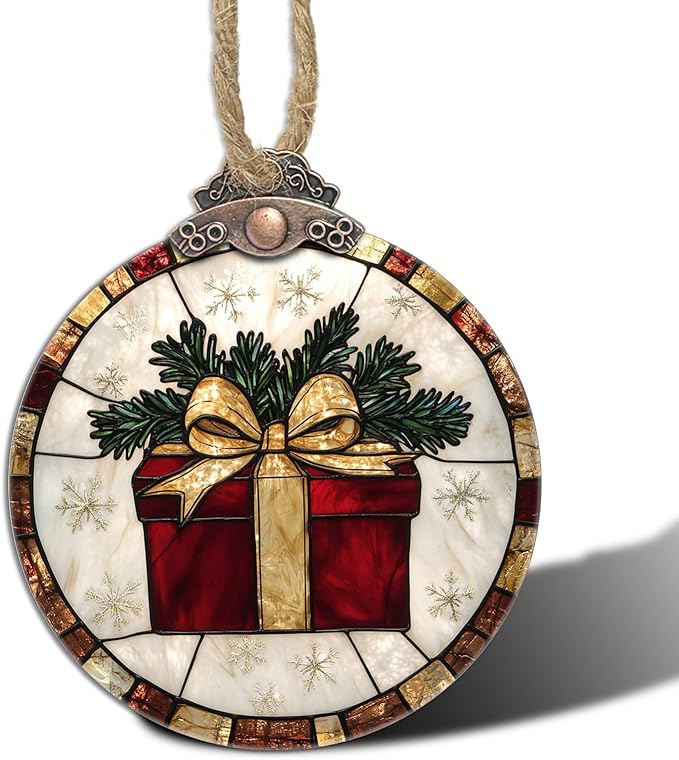 Stained Glass Christmas Decorations, Red Gift with Gold Ribbon Suncatcher for Window Christmas Tree Hanging Ornaments Retro White Sun Catcher Xmas Decor Gifts for Women Men Mom Nana Friend