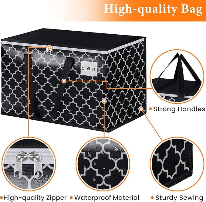 HomeHacks Heavy Duty Moving Bags with Tag Pockets, Collapsible Storage Totes for Moving, Camping & Travel -Foldable Packing Boxes, Zipper Handles, Black（6 Packs, 125L）