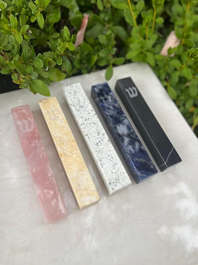 A&S Mezuzot Quartz Mezuzah Case with Engraved Shin Design Easy Peel and Stick Judaica Door Mezuza (Pink+Gold, 6 Inches)