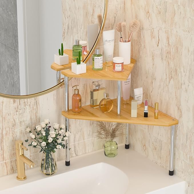Weenson Bathroom Organizer Countertop Corner Shelf – 2 Tier Bathroom Organization Bamboo Spice Rack Kitchen Countertop Organizer Space Saving Storage Shelves Living Room Office Home Decor