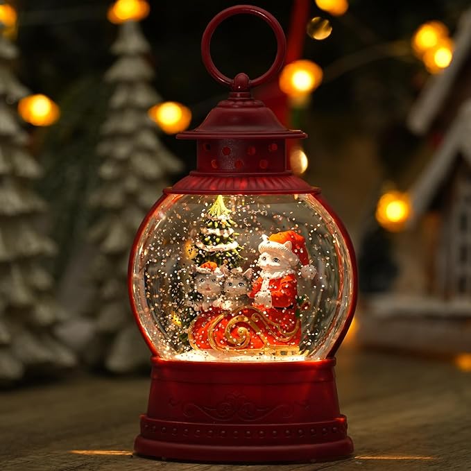 Christmas Santa Snow Globes, Cat Family Musical Snow Globe Light up Swirling Glitter Snow Globe Red Lantern with Timer, Christmas Tree Holiday Party Gifts and Decorations, USB & Battery Operated