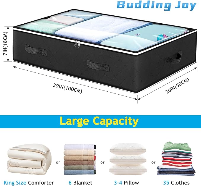 Budding Joy 90L Under Bed Storage Containers, Closet Organizers and Storage Bins, Foldable Underbed Storage Bags for Blankets, Towels, Comforter, Sweaters, Pillows, Linen Sheets, Wrapping Paper，Black