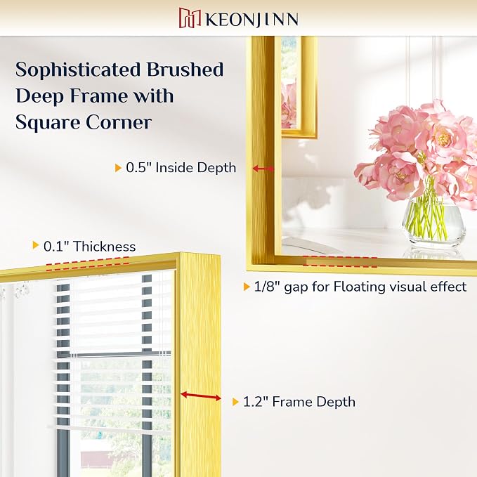 Keonjinn 24 x 36 Inch Brushed Gold Bathroom Mirror Gold Wall Mounted Vanity Mirror Metal Framed Rectangular Mirror for Bathroom Gold Rectangle Mirror with Aluminum Alloy Frame(Horizontal/Vertical)