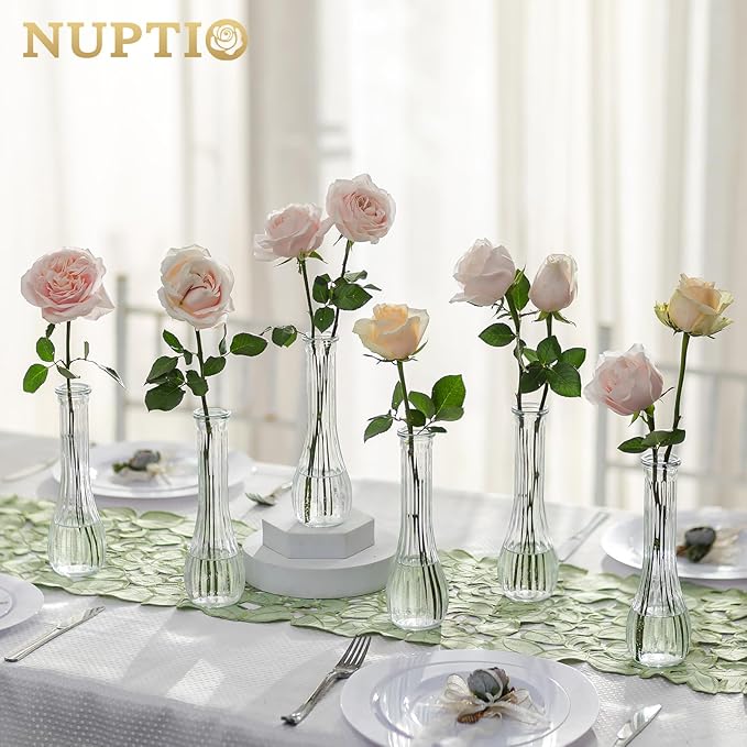 NUPTIO Glass Bud Vases Centerpiece: 12 Pcs Small Flower Vase for Wedding in Bulk - Cute Clear Ribbed Vase for Party Events Home Table Decor