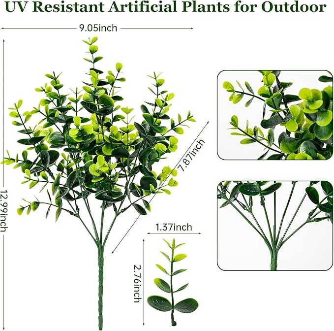10 Bundles Artificial Plants for Outdoor Fake Plants for Spring Decoration,10 Bundles Faux Eucalyptus Plants for Planter UV Resistant Lifelike for Home Porch Garden（Green）