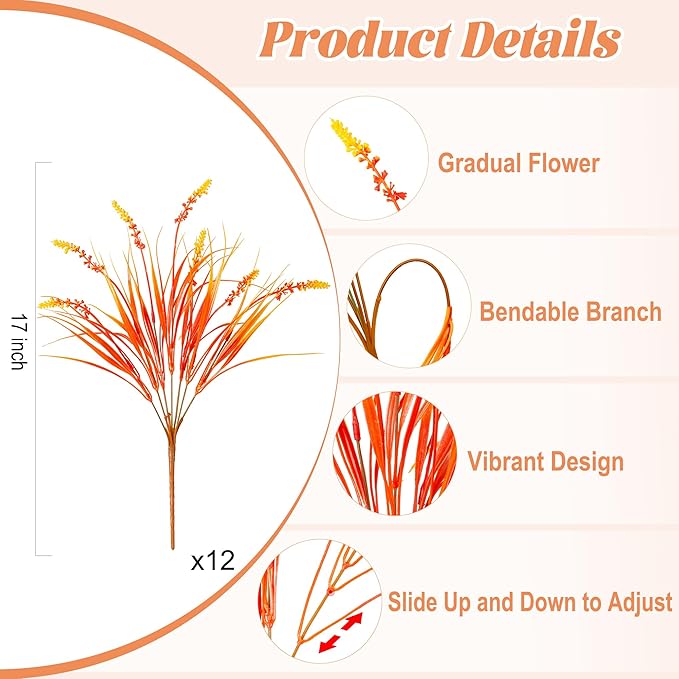 Artificial Fake Plants Flowers for Outdoors Fall Decor, 12 Bundles Fall Leaves Faux Lavender Flowers for Autumn Decoration, Fake Shrubs UV Resistant Planter No Fade for Garden Porch Balcony(Orange)
