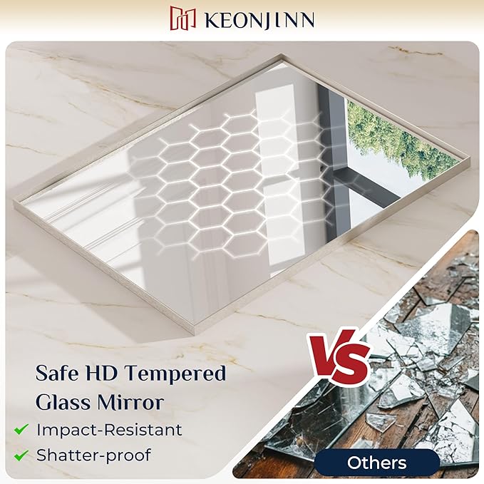 Keonjinn 48 x 40 in Brushed Nickel Bathroom Mirror, Rectangular Wall Metal Framed Vanity Mirror Square Corner Aluminum Alloy Modern Rectangle Wall-Mounted Mirror(Horizontal/Vertical)