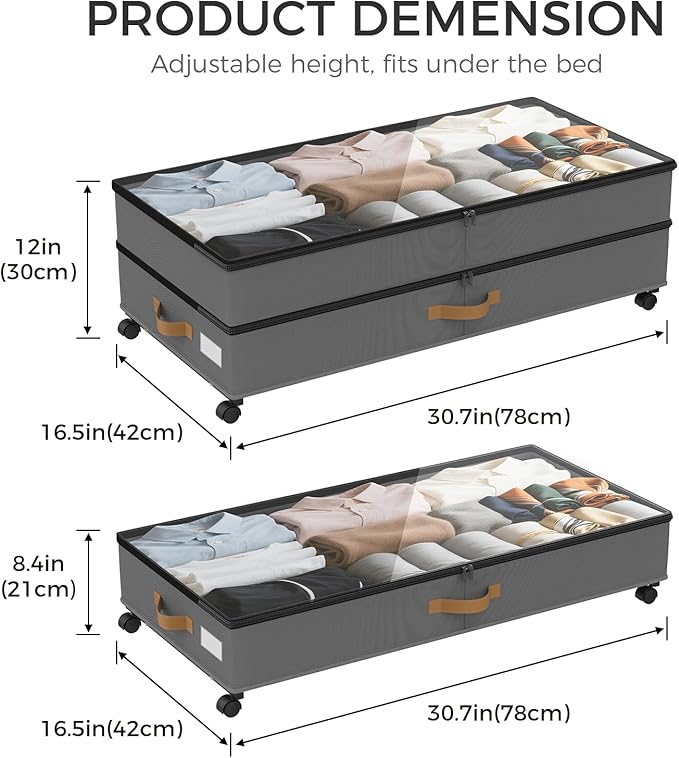 Under Bed Storage with Wheels 2-Pack, 75L XXL Under the Bed Storage Containers Large, 12" Tall Adjustable Storage for Underbed with Lids, Rolling for Shoes, Clothes, Blankets (Grey)