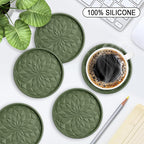 ME.FAN Silicone Coasters with Holder,[6 Pack] Drinking Coasters - Cup Mat for Hot or Cold Drinks, Thickened, Non-Slip, Non-stick,Deep Tray Olive Green