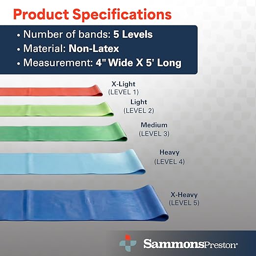 Sammons Preston 5pk Resistance Bands for Working Out, Color‑Coded Non‑Latex Exercise Bands, 5 ft Stretch Bands for Physical Therapy, Workout Bands for Strength, Flexibility & Toning