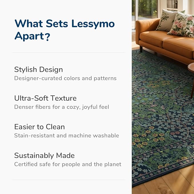 Lessymo Floral Washable Rug 9x12, Living Room Area Rugs Non Slip Boho Low Plie Large Carpet for Bedroom Dining Room Home Office, Vintage Flower Decor Distressed Retro Indoor, Forest Green