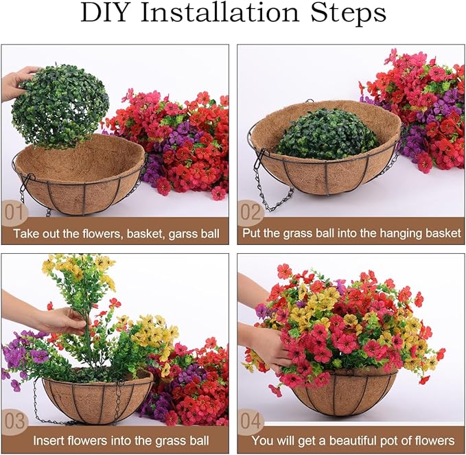 Hananona 2 Set Artificial Outdoor Flowers with Hanging Basket, 2 Hanging Planters with 24 Pcs Flowers for Spring Summer Front Porch Garden Patio Home Decor (2, Red, Purple, Yellow, Rose Red)