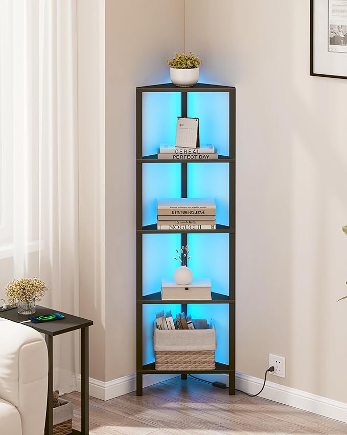 TUTOTAK Corner Shelf with LED Light, 5-Tier Corner Bookshelf for Small Space, Narrow Display Corner Shelf Stand with Storage Rack, for Living Room, Bedroom, Black BS05BK005L