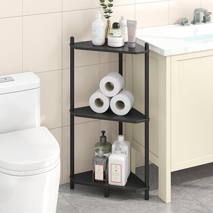 Wisuce Corner Shelf Stand - 3 Tier Bamboo Small Corner Bookshelf for Office Kitchen Bedroom Plant Stand Living Room Decor Small Space (Black)