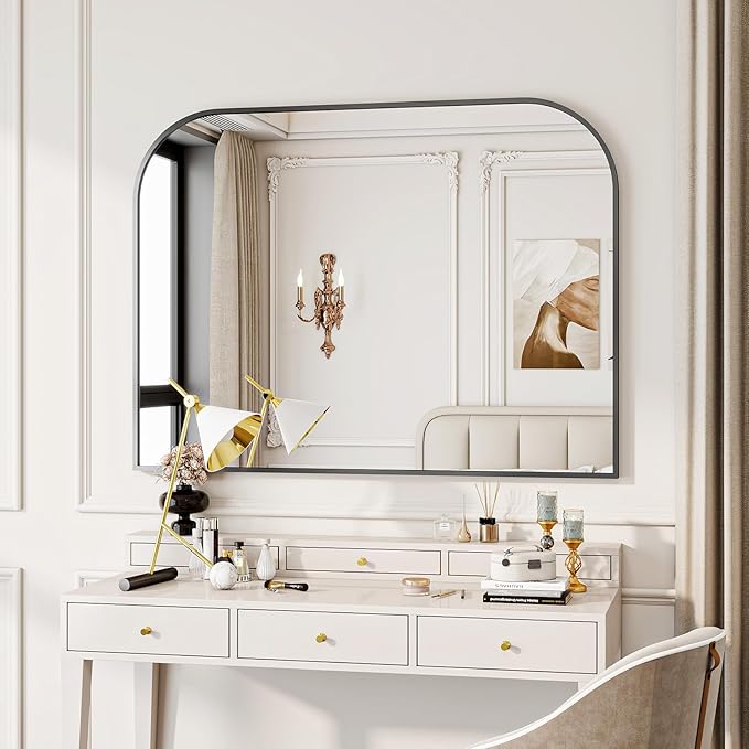 Black Wall Mounted Bathroom Mirror - 38 x 30 Inch Round Cruved Top Right Angle Bottom Wide Wall Mirror, Aluminum Metal Framed, Decor for Living Room, Bedroom, Fireplace, Mantle, Entryway