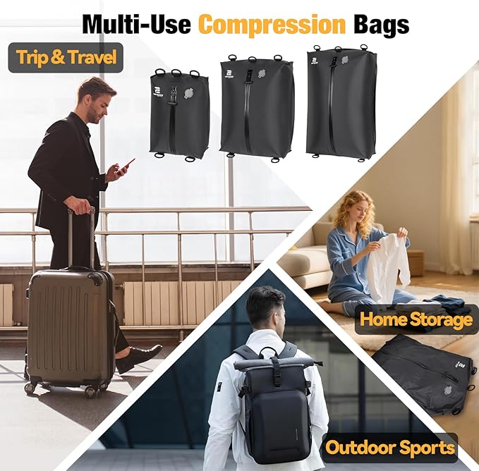 3 Pack Vacuum Bags for Travel with Pump, 3-Size Set Reusable Vacuum Compression Bags for Luggage, Space Saver IP67 Waterproof Vacuum Packing Cubes for Suitcase&Backpack, Black