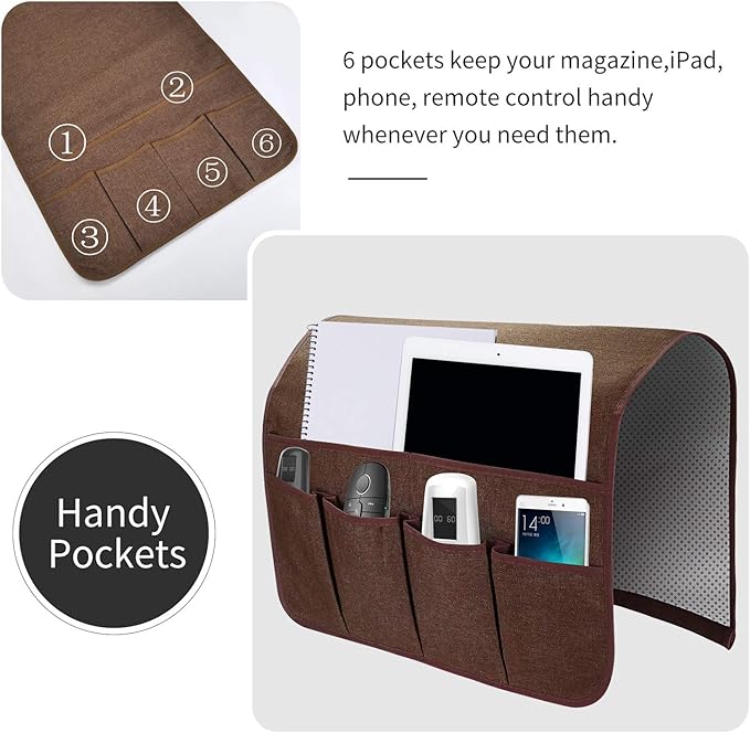 Sofa Armrest Organizer, Remote Control Holder for Recliner Couch, Arm Chair Caddy with 6 Pockets for Magazine, Tablet, Phone, iPad