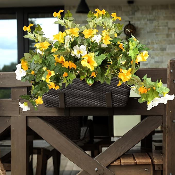 Artificial Morning Glory Fake Flowers for Outdoor Planter Decoration, 2 Pcs Petunias Realistic UV Resistant Faux Silk Flowers for Garden Balcony Porch Indoor Decor (Yellow White)