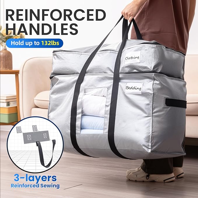 TAILI 2 Tier Extra Large Moving Bags, 2 Pack Silver Heavy Duty Totes for Storage with Visible Window, Wrap Around Handles, Storage Bags for Space Saving, Alternative to Moving Boxes