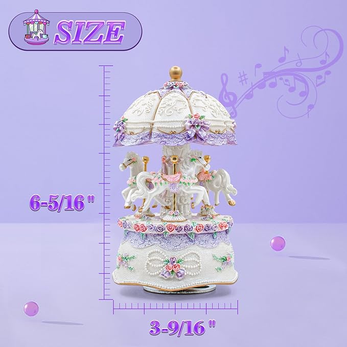 Carousel Music Box，Luxury Color Change LED Light Music Box,Luminous Rotating 3-Horse Musical Box with Gift Box for Girls Birthday Valentine Gift (Castle in The Sky, Purple)