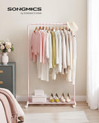 SONGMICS Clothes Rack with Wheels, Clothing Rack for Hanging Clothes, 25.4mm Metal Garment Rack with Dense Mesh Storage Shelf, 110 lb Load Capacity, 2 Brakes, Pink UHSR025P01