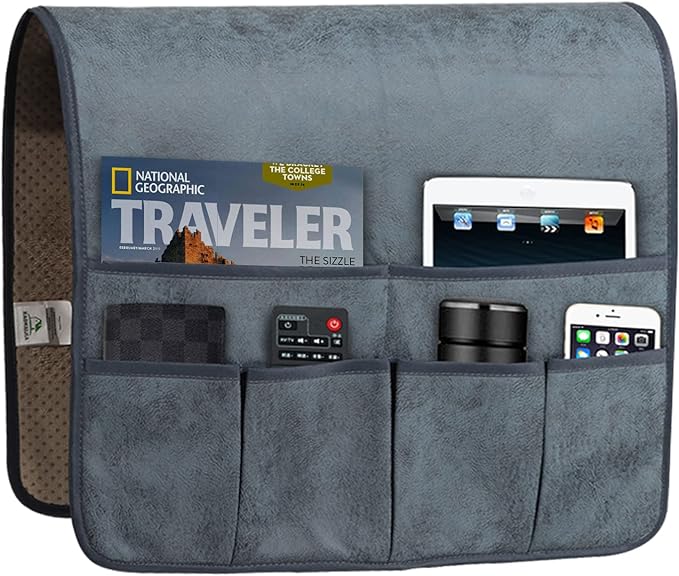 HAOMAIJIA Anti Slip Sofa Armrest Organizer Arm Chair Bedside Caddy Storage Organizer For Recliner Couch With 6 Pockets For Cell Phone Tv Remote Control Magazines (grey blue)