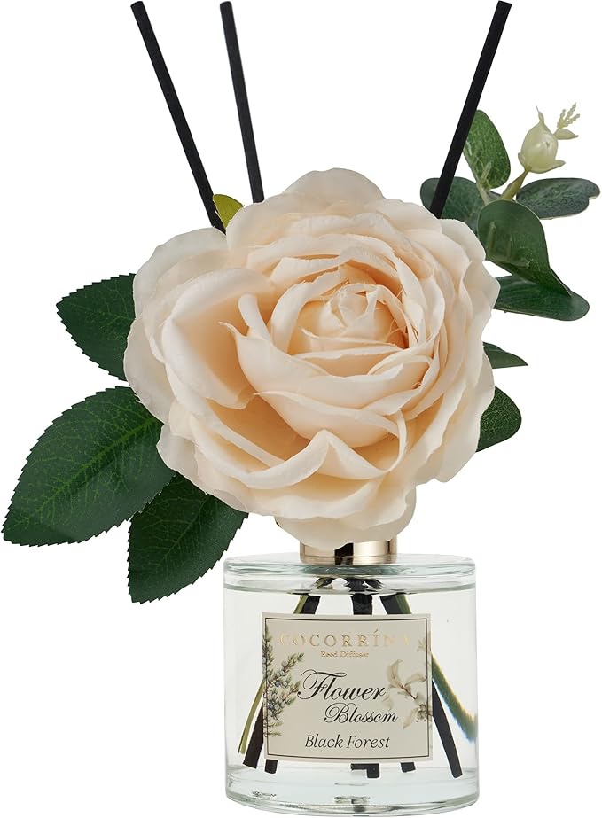 Cocorrina Reed Diffuser Set, Flower Reed Diffuser Black Forest 6.7 oz, Scented Diffuser with Sticks Home Fragrance Essential Oil for Bathroom Shelf Decor, Living Room, Large Room, 1pack