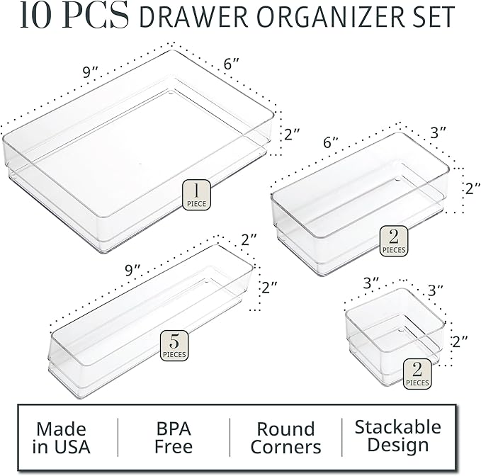 STORi SimpleSort 10-Piece Stackable Clear Drawer Organizer Set | Multi-size Trays | Makeup Vanity Storage Bins and Office Desk Drawer Dividers | Made in USA